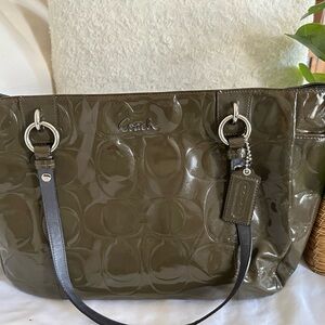 Coach Olive Patent Signature Tote with Silver Hardware